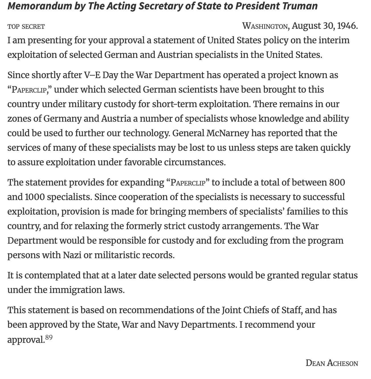 Operation Paperclip Authorization Memo